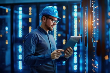 A technician in a blue hard hat uses a tablet while standing in a server room filled with illuminated data racks.