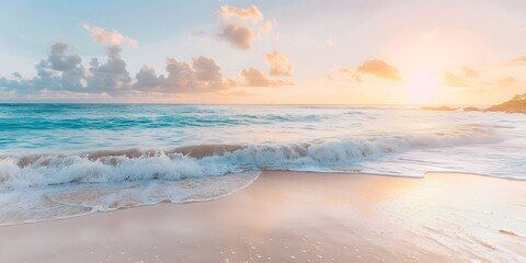 Serene beach landscape with gentle waves lapping at the shore under a clear sky, inviting peaceful moments