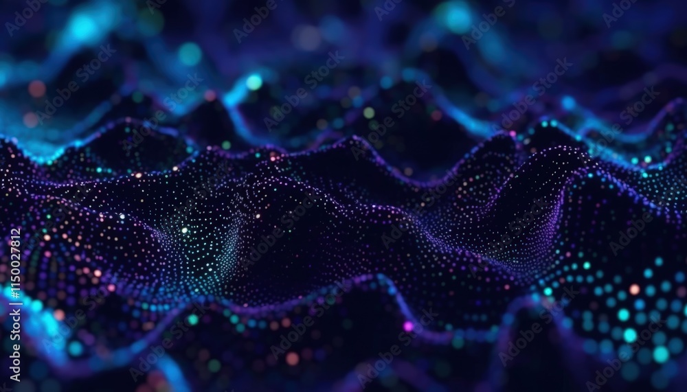 Poster abstract technology background with vibrant dots representing digital waveforms in glowing blue and 
