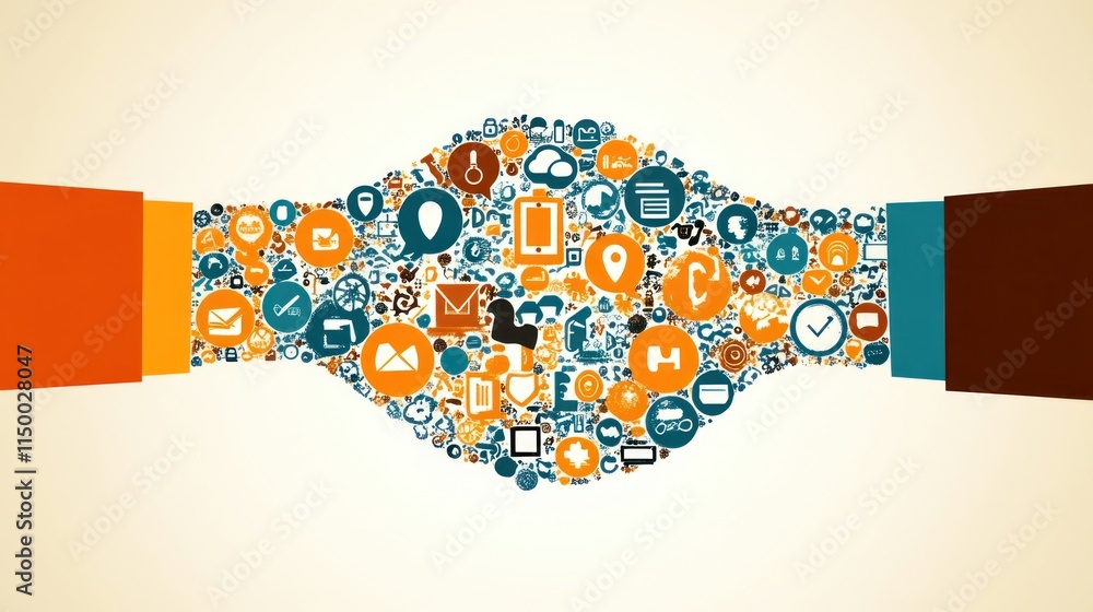 Poster two hands forming a handshake, composed of various digital icons representing connection and collabo