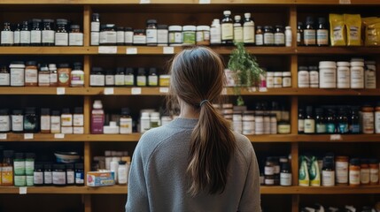 Rear/back view of a woman with a ponytail is standing in front of a shelf filled with food supplement bottles Female customer examining the products on the shelf in a pharmacy or retail store.
