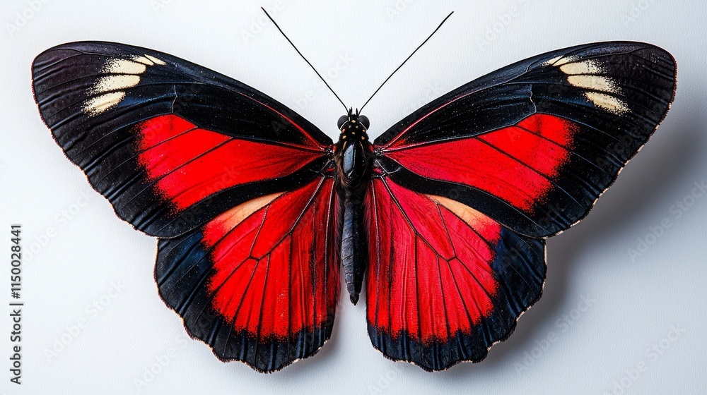 Poster red postman butterfly rests gracefully on clean white surface displaying its vivid red bands and dar