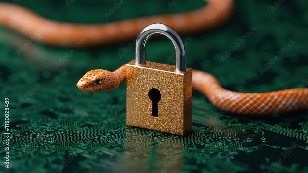 Poster a snake intertwined with a padlock on a textured surface.