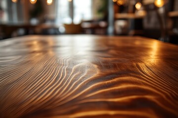 Fototapeta premium Close-up of a polished, dark wood table in a cafe setting.