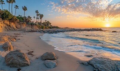 Coastal sunset over a secluded beach with palm trees and rocks. Golden hour light bathes the tranquil scene.