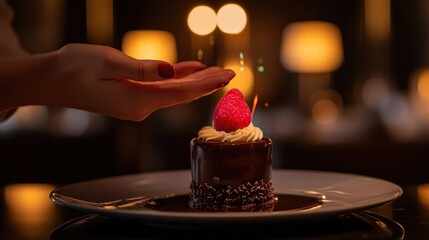 Woman's hand sprinkling sparkles on a chocolate dessert with raspberry.