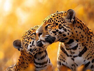 Naklejka premium Two jaguars nuzzle affectionately in a warm, golden light.