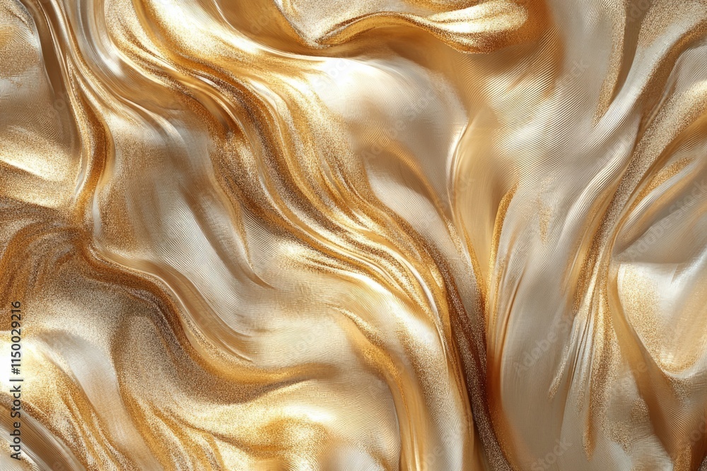 Poster flowing gold silk fabric texture with soft, elegant waves and shimmering highlights creating a luxur