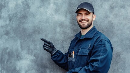 Smiling male technician in uniform points to copy space.