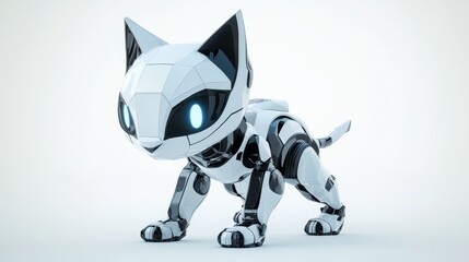 A cute, low-poly cat robot with sleek, angular features, placed against a solid white background for a clean and sharp look.