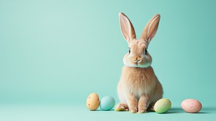A cute pastel bunny in the center, with colorful Easter eggs scattered around it on a clean, solid color background, evoking a peaceful spring vibe.