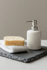 White ceramic soap dispenser with sponge and towel on slate tray.