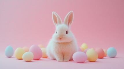 A cute pastel bunny in the center, with colorful Easter eggs scattered around it on a clean, solid color background, evoking a peaceful spring vibe.
