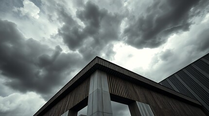 High-contrast color photograph of architecture enduring a dramatic storm. Sharp lines and detailed textures are highlighted against stormy skies, conveying a sense of power and vulnerability. 