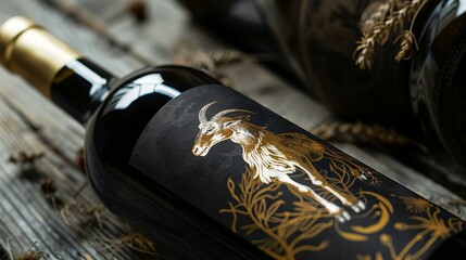 Naklejka premium Bottle wine goatthemed label sits wooden surface