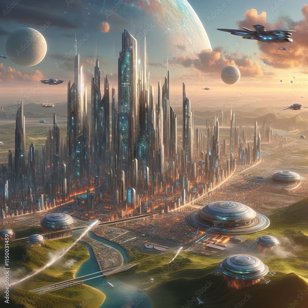 Poster a stunning futuristic cityscape with towering skyscrapers, spaceships flying through the sky, and di