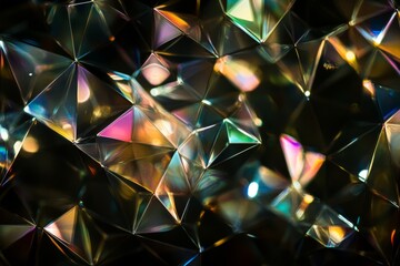 Glowing holographic geometric shapes create a mesmerizing texture in vibrant colors and reflections