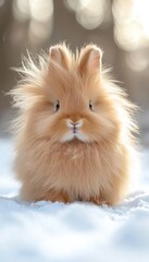 A fluffy, light-colored rabbit sitting in the snow, showcasing its adorable features.