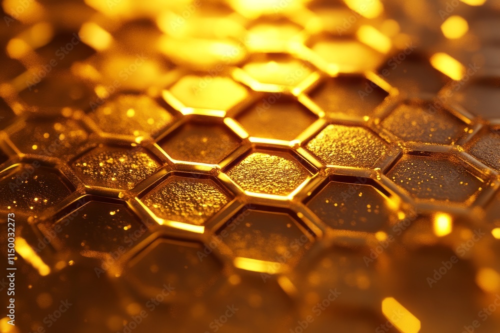 Poster golden honeycomb texture with deep, rich coloration showcasing natural honey's intricate patterns