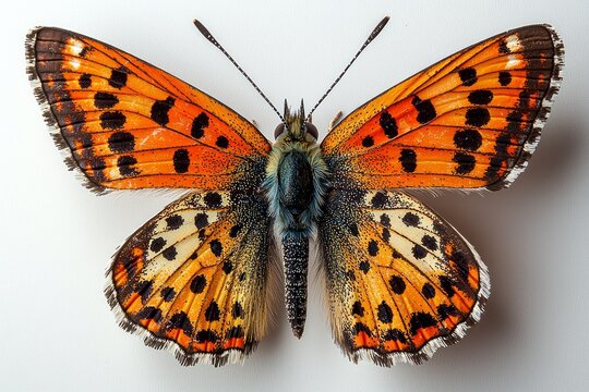 Ruddy copper butterfly Lycaena rubidus displays its striking fiery red orange wings delicate black spots. butterfly is perfectly highlighted against clean white background.