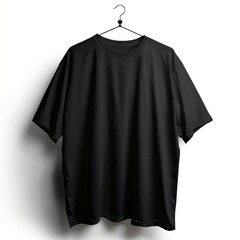 Plain black tshirt hangs hanger against white background