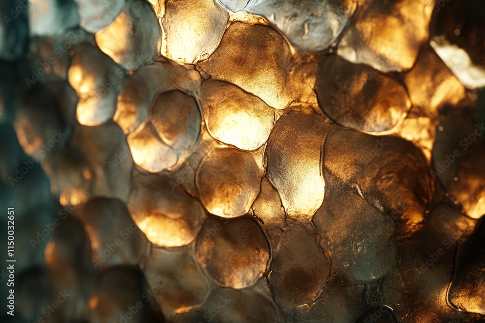 Poster unique hammered gold texture displays captivating uneven surface and warm reflections across its met