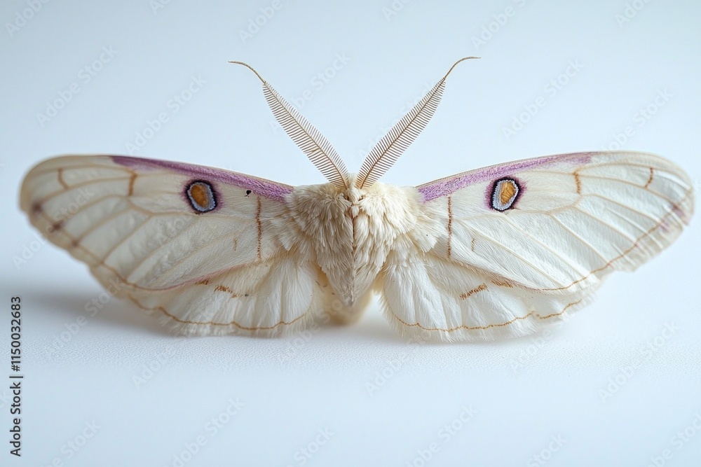 Poster silkworm moth delicate cream colored wings is resting quietly on white surface. soft texture and int