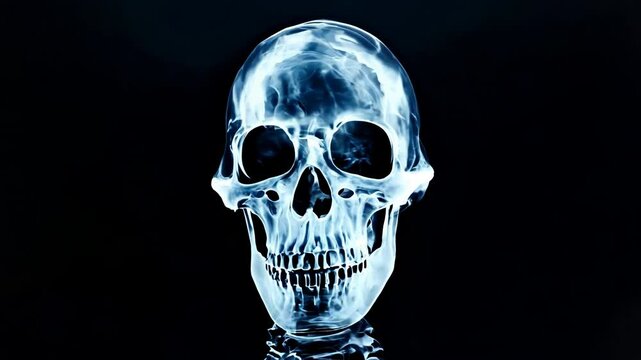X ray scan of a human head spinning. Rotation of a skull X-ray radiography, widely used in medical diagnostics (checking for broken bones). Anatomically correct 3d animation on dark background