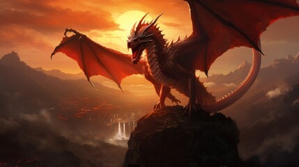 A blood-red dragon emerging from the glow of the setting sun, its eyes gleaming with fury as it descends upon a band of warriors on a cliff, ready for battle.