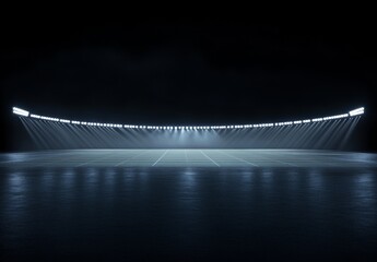 Empty stadium at night with bright lights illuminating the field.