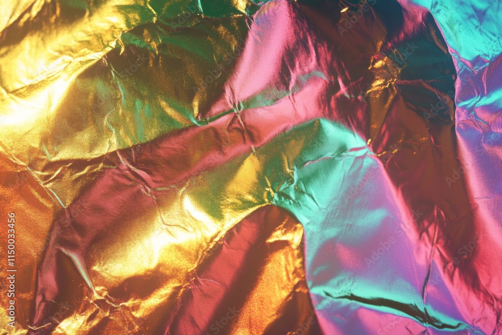 Poster Textured holographic gold foil with rainbow effects creates a vibrant visual display with intricate patterns and reflections