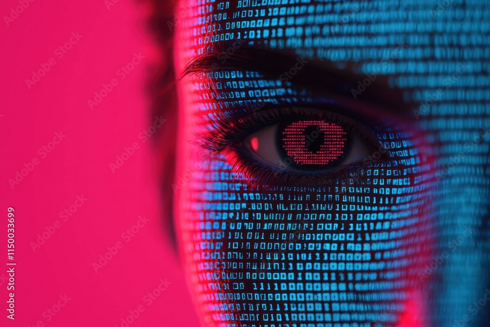 Poster close-up of a woman's eye with digital binary code overlay in vibrant colors.