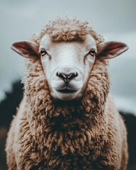 A close-up of a fluffy sheep with a serious expression against a blurred background.