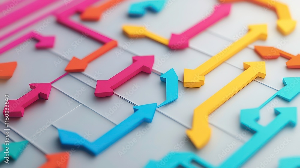 Poster colorful arrows forming a complex path on a grid, representing choices, decisions, or processes.