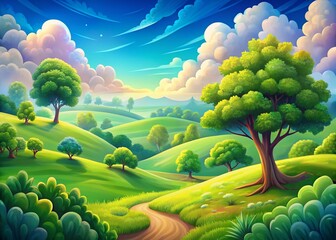 Whimsical Cartoon Landscape: Rolling Hills, Lush Trees, High Depth of Field