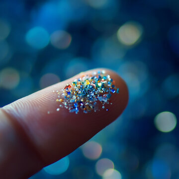 Microplastics on a fingertip against a bokeh background.