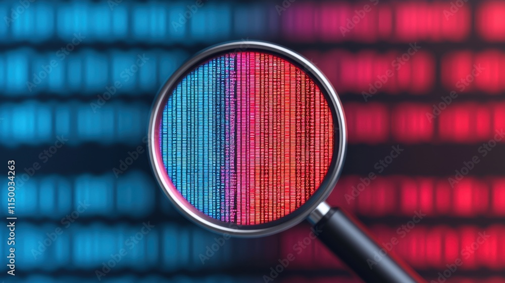 Aufkleber magnifying glass over binary code in red and blue hues.