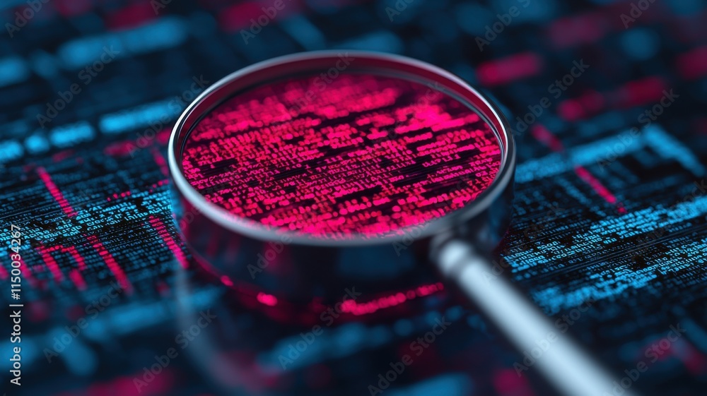 Aufkleber magnifying glass over vibrant digital data patterns in red and blue.