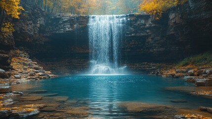 Autumn waterfall cascading into tranquil blue pool.
