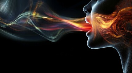 Obraz premium Ethereal Woman Exhaling Colorful Smoke with a Dramatic Expression Against a Dark Background, Symbolizing Creativity and Passion in Art and Conceptual Visuals
