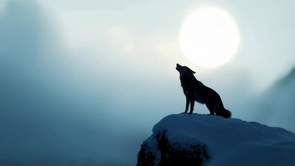 A lone wolf stands on a snowy cliff, howling towards a bright full moon as dusk settles over the frosty landscape. The atmosphere is serene and mystical, creating a captivating moment.