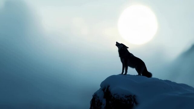 A lone wolf stands on a snowy cliff, howling towards a bright full moon as dusk settles over the frosty landscape. The atmosphere is serene and mystical, creating a captivating moment.