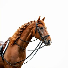 Obraz premium Majestic brown horse luscious mane stands against stark white background its profile showcasing its strong jawline elegant neck