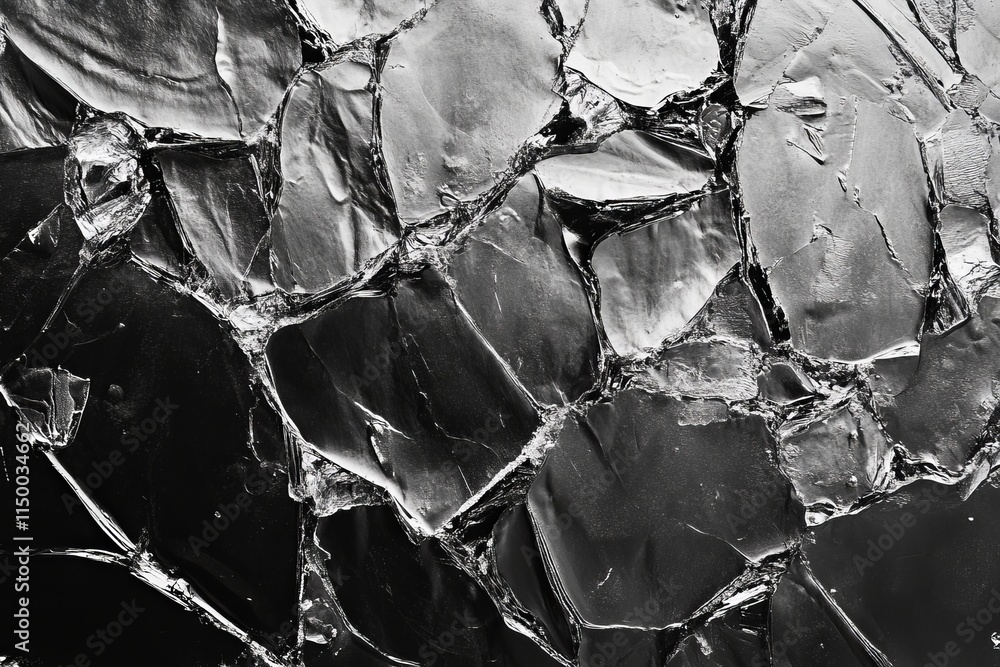 Aufkleber texture of ice-like glass with intricate frozen cracks creating a striking visual effect in monochro