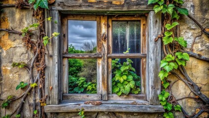 A weathered window frame adorned with climbing vines, revealing a glimpse of a verdant landscape through cracked panes.