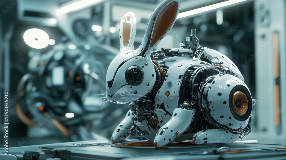 Poster a dynamic shot of a rabbit-shaped nano robot, emphasizing its detailed structure and technological p