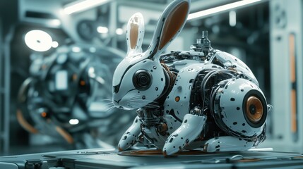 Fototapeta premium A dynamic shot of a rabbit-shaped nano robot, emphasizing its detailed structure and technological prowess, set against a high-tech backdrop.