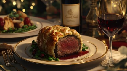 A delicious plate of Beef Wellington, featuring perfectly cooked beef tenderloin, pastry crust, and a glass of red wine for a festive meal.