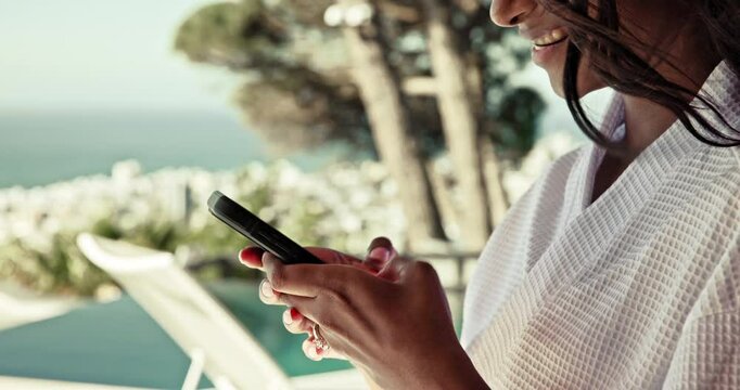 Phone, hands and typing with woman at pool for travel, social media post and influencer update. Summer vacation, luxury and holiday with person at spa resort for hospitality, new years and contact