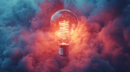 Glowing lightbulb in smoky, colorful clouds.
